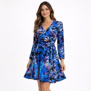 Yumi Kim Designer Blue Silk Floral Wrap Carla Dress Long Sleeve Size M